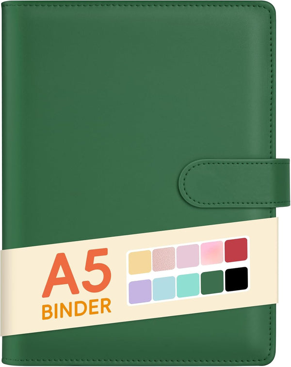 Sooez A5 Notebook Photocard Binder, 6 Budget Binder Ring Planner with Stylish Design, Dark Green