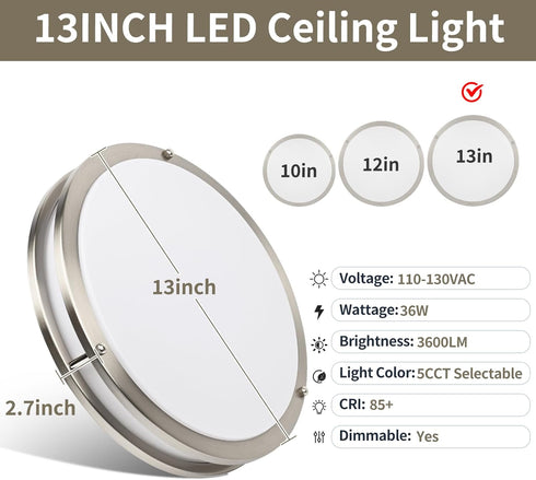 NEWKAZ 13Inch 36W 2 Packs, 5CCT 2700K 3000K 4000K 5000K 6500K, Dimmable Ceiling Light Fixtures LED Flush Mount Ceiling