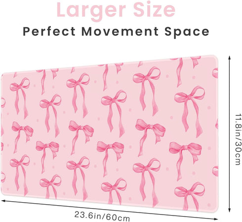 Wirfray 23.6" 11.8" Pink Mouse Pad, Pink Desk Mat Bows Laptop Pad Computer Mat, Gaming Keyboard and Mouse Pad Non-Slip