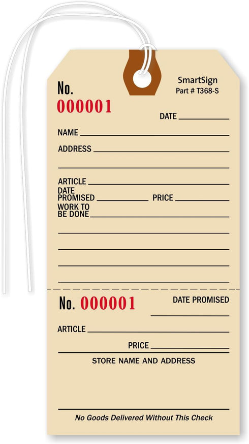 SmartSign 5.25 x 2.625 inch Numbered Repair Tags (Pack of 100) with Pre-Attached String, 10 Point Manila Cardstock