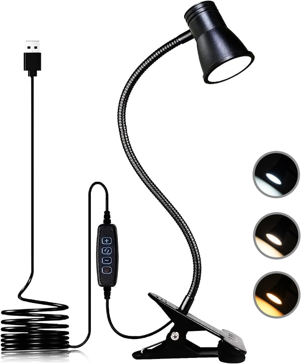 Clip Desk Lamp, USB Reading Light with Flexible Neck, 3 Color Temperature Options, 10 Dimmable Brightness Levels for