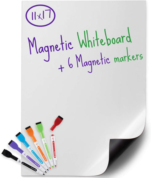 Kedudes USA Made Magnetic Dry Erase Board Sheet 17" x 11" with 6 Markers - Magnetic Whiteboard for Fridge