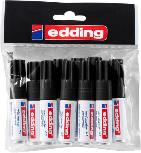 edding 0.5 mini permanent marker - black - 10 marker pens - fine round nib 1 mm - waterproof, quick-drying - smudge-proof - mini marker for cardboard, plastic, wood, metal, pebbles, canvas by edding