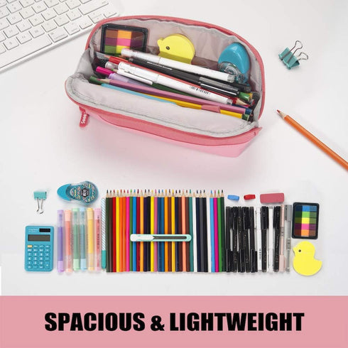 Sooez Lightweight Wide-Opening Pencil Pen Case, Spacious Zipper Stationery Bag with Triangular Design for Adults, Pink