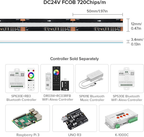 WS2811 DC24V 720LED/m 3.2FT 20IC/m 12mm BTF-LIGHTING FCOB IC RGB COB LED Strip Flexible High Density Uniform Chasing