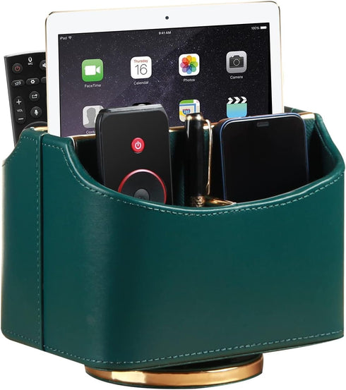 Leather Remote Control Holder for Table, 360 Degree Spinning Caddy, Bedside Desk Organizer for Media, Phone, Glasses