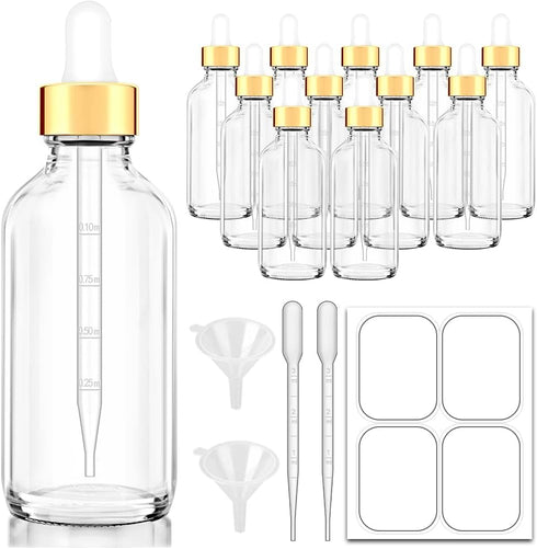Dropper Bottles - 4oz Clear Glass Eye Dropper Bottle for Essential Oils, 12 Pack with Golden Top