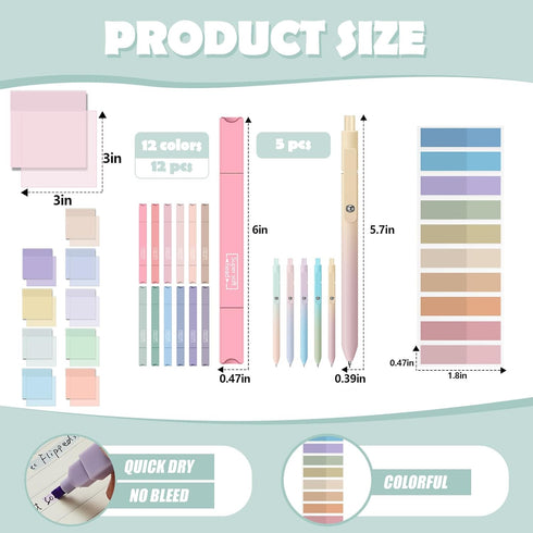 Jutom 29 Pcs Book Annotation Kit, Aesthetic Highlighters, Gel Pens Set, Sticky Notes Tabs, Markers for Office School