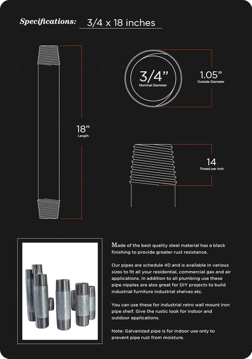 QDHM3418 18" Long Pre-Cut Galvanized Pipe with 3/4'' Nominal Diameter Size