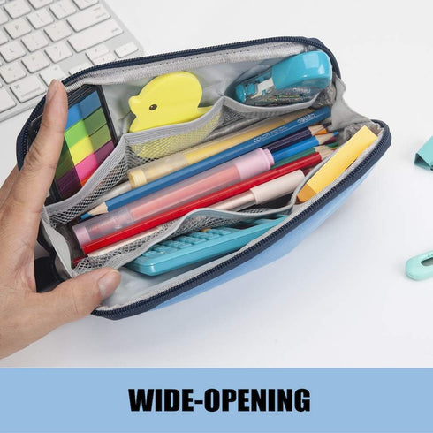 Sooez Wide-Opening Pencil Pen Case, Aesthetic Blue Pencil Pouch, Lightweight & Spacious Zipper Stationery Bag for