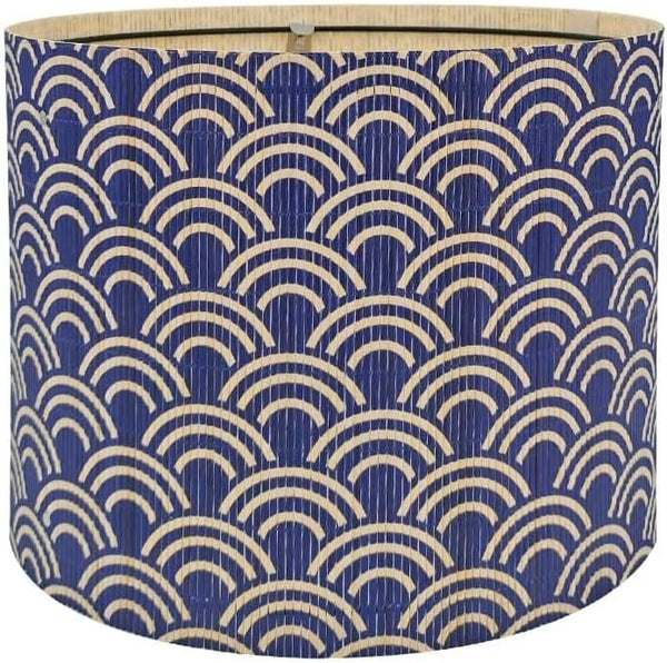 Generic Modern Bamboo Drum Lamp Shade with Blue Art Deco Pattern, Table and