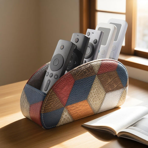 5 Remote Control Holder with Compartments, PU Leather Remote Holder Compatible with Fire TV Remotes, Media Player
