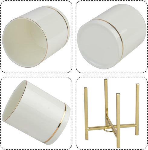 Gold Pen Holder for Desk, Aesthetic Ceramic Pencil Cup with Metal Legs, Makeup Cup for Brushes