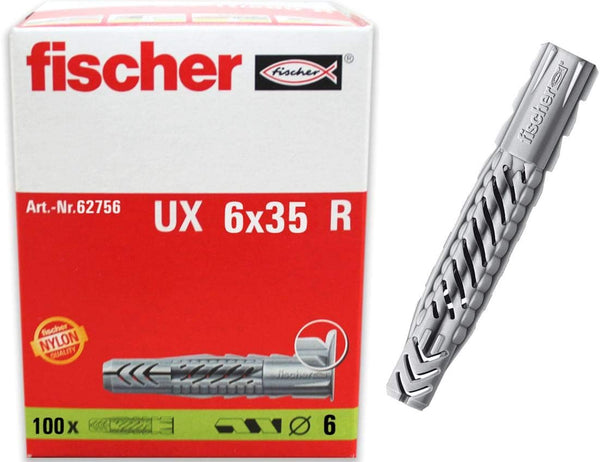 fischer Universal Plug UX 6x35 R (with Rim) 100pcs for Solid, Hollow, and Board Building Materials