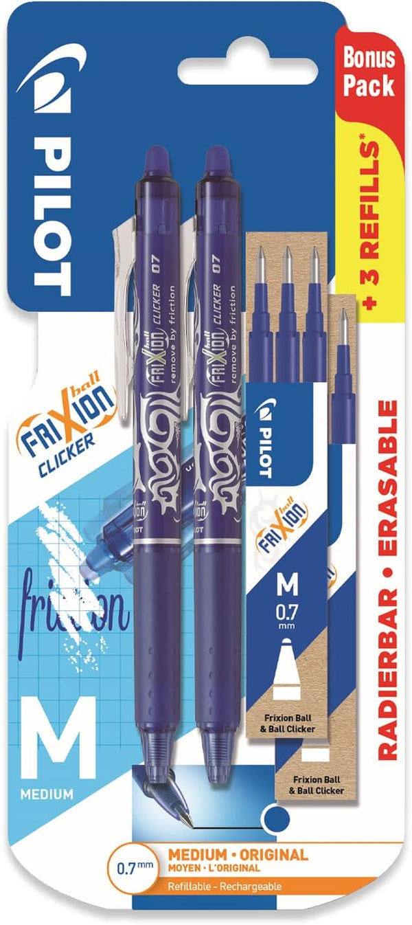 Pilot Frixion Clicker Retractable Gel Ink Pens, Blue Ink, Medium 0.7mm Nib, Blister Pack of 2 + 6 Bonus Refills