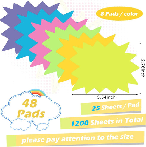 Crtiin Sticky Notes 1200 Sheets Neon Fluorescent Starburst Shape Price Tag Memo Sale Signs Cute Fun Self Adhesive Sticky Notes for Classroom School Office Organizer Notebook, 6 Colors(2.76 x 3.54'') by Crtiin