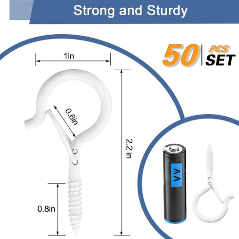 50 2.2 Inches, ADIIL PCS Q Hanger Hooks with Safety Buckle, Windproof Screw Hooks for Hanging Outdoor String Lights