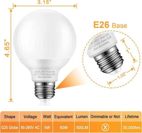 4 Pack Warm White Bathroom Light Bulbs, 60 watt Equivalent, E26 Medium Base, G25 LED Globe Light Bulbs for Bathroom Vanity, 2700K Round Light Bulb Over Mirror, 120V, Non-dimmable by Marxlait