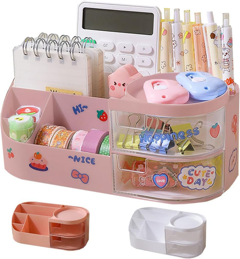 Kawaii Stationery Storage Box, Makeup Organizer with 2 Drawers and 5 Compartments for Teen Girls
