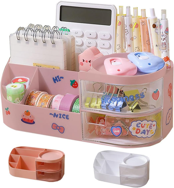 Kawaii Stationery Storage Box, Makeup Organizer with 2 Drawers and 5 Compartments for Teen Girls