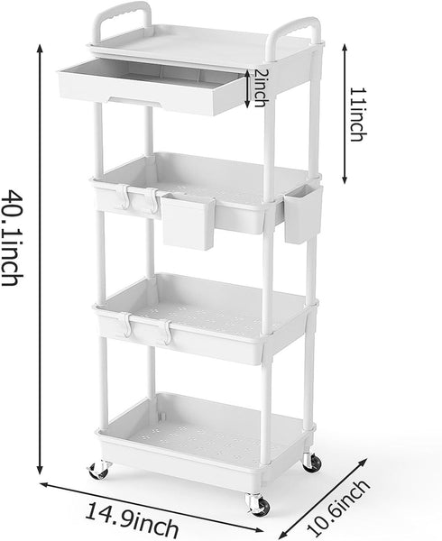 4 Tier Rolling Utility Cart with Drawer, Plastic Storage Organizer Rolling Carts with Wheels Handles Hanging Cups Hooks