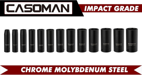 1/2-Inch Set, 13 Set, 7/16"-1-1/4", CASOMAN Drive Deep Impact Socket Pieces CR-MO, SAE, Heavy Duty Storage Case