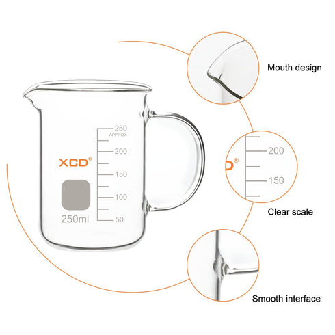 XCD Glass Beaker (250 ml), Borosilicate Low Form Griffin Graduated Beaker with Handle and Pouring Spout