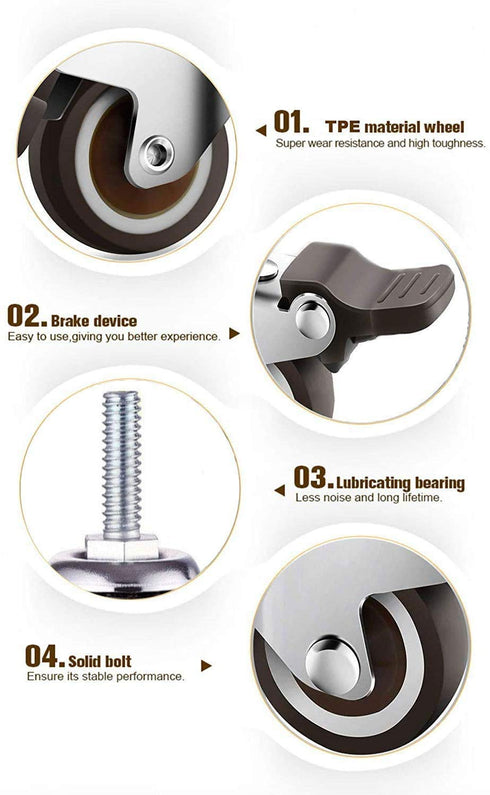 GBL 1" Small Caster Wheels with 2 Brakes + Screws M6x15mm - Set of 4, 90Lbs Low Profile Silent Casters