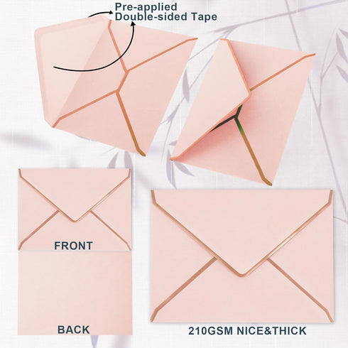 Whaline 50Pcs Blush Pink Invitation Envelopes with Rose Gold Border, V-Flap Gift Card Sleeves for Mailing, 7.3x5.3 Inch