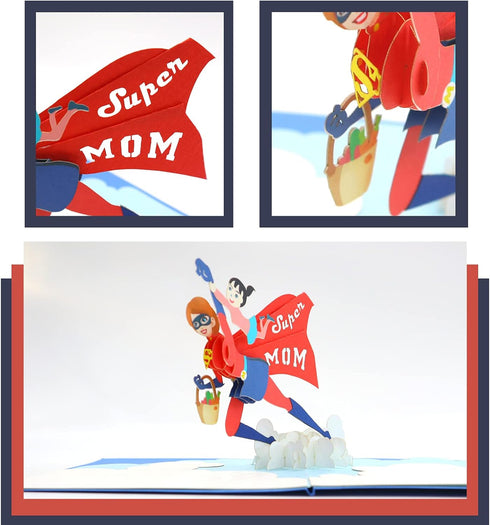 CUTE POPUP Supermom 3D Pop Up Card, Premium Handcrafted Gift for Mom, Birthday, Women’s Day, Any Occasion