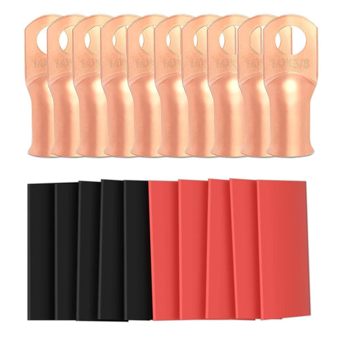 Sanuke 10pcs 1/0 AWG-3/8 Battery Lugs, Heavy Duty Wire Lugs with 3:1 Heat Shrink Tubing