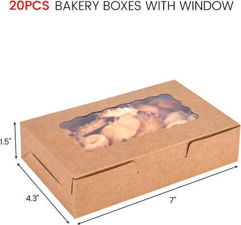 VGOODALL 20PCS snack Cookie Boxes with Window, 7"x4.3"x1.5" Brown Bakery Boxes Treat Bakery Cake Boxes for Macaron Chocolate Dessert Wedding Birthday Party Bridal Showers
