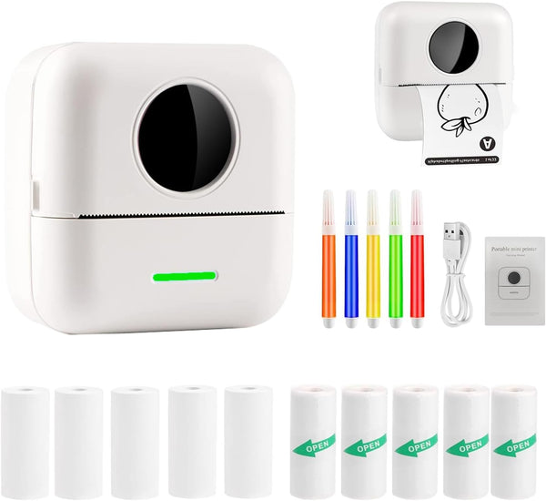 Mini Thermal Sticker Printer with 11 Rolls Paper, Portable Bluetooth Pocket Printer for iOS & Android, DIY, Label