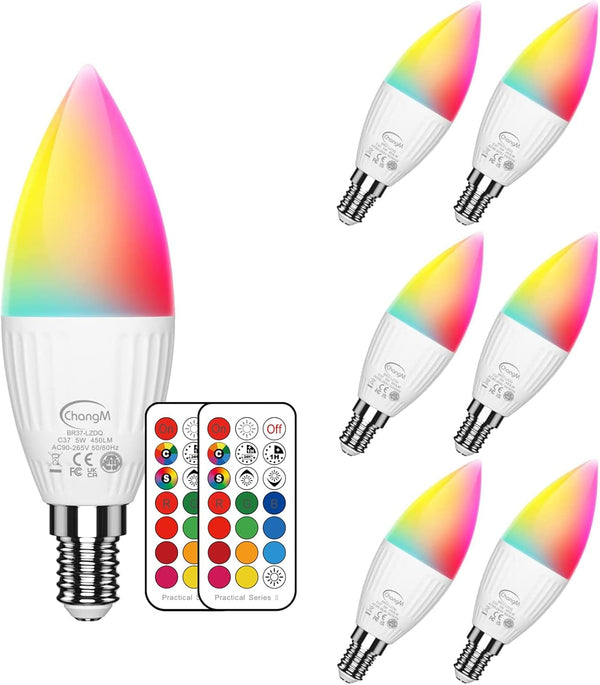 Set of 6 E12 LED Light Bulbs 5W 40W Equivalent Small Base B11 Candelabra Color Changing Dimmable Candle Bulb with