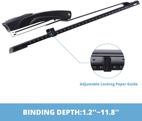 Long Reach Stapler,with 2000 Staples & Stapler Remover Full Strip,20-25 Sheet Capacity,with Built-in Ruler and Adjustable Locking Paper Guide, Black by craftinova