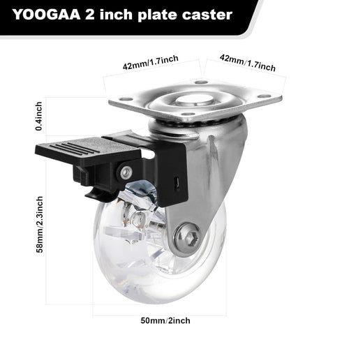 2" Caster Wheels Set of 4, Heavy Duty Casters with Brake, Crystal Clear Swivel Plate Castors, No Noise Locking Casters with Transparent Polyurethane (PU) Wheels (2 inch)