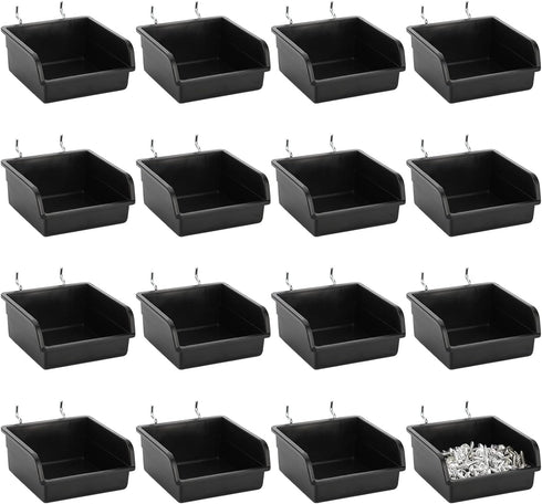Foraineam 16 Pack Pegboard Bins with Metal Hooks, Black Garage Workbench Accessories Kit for Tools Organizer