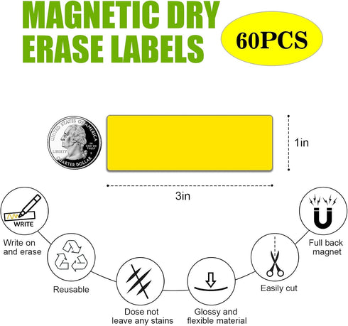 Dry Erase Magnetic Labels (1x3", Pack of 60) - Write On Magnets for Classroom, Office, & More (Multicolor)