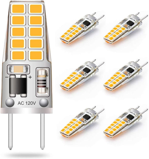 G8 LED Bulb, 3W Equivalent to T4 JCD Bi-Pin G8 Base Halogen Bulb, 20W-25W Dimmable, Warm White 2700K-3000K, 6 Pack
