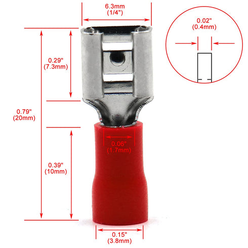 Baomain Female Quick Disconnects - Vinyl Insulated Spade Wire Connector Electrical Crimp Terminal 22-16 AWG 6.3mm 1/4"