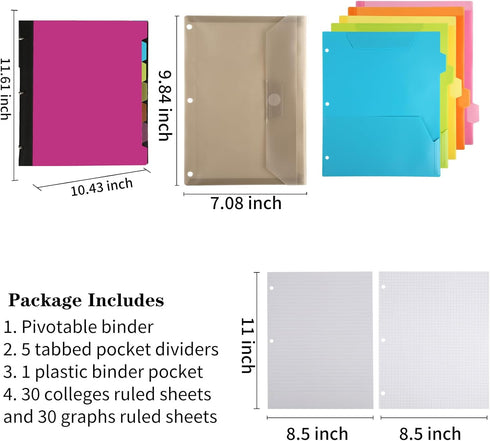 Pivotable Refillable Notebook, Notebook with Dividers and Tabs, 30 College Ruled Paper and 30 Graph Paper, 1 Movable Pocket, 5 Plastic Tabbed Subject Dividers, 200 Sheets Capacity- Pink by Tashkummy