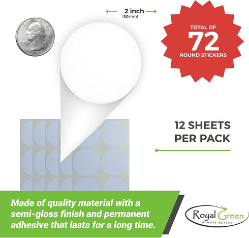Royal Green Round 2" Grey Sticker Dot Labels, Permanent Adhesive Circle Stickers - 72 Pack