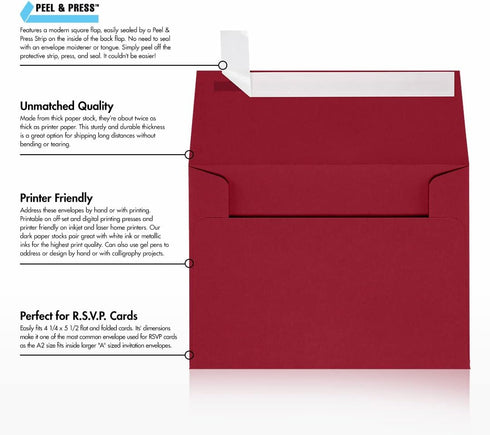 LUXPaper A2 Invitation Envelopes | Peel & Press | 4 3/8" x 5 3/4" | Garnet Red | 80lb. Text | 50 Qty