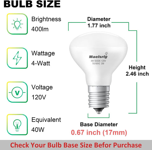 E17 R14 Bulb, 4W (40W Bulb, E17 5000K, 400 Dimmable, Pack 6 Maelsrlg LED Equivalent) Mini Reflector Floodlight Light