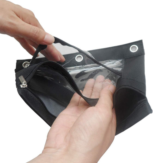 Enyuwlcm 3 Ring Binder Pencil Pouch - Durable Zipper Pencil Case with Clear Window, 2 Pocket Black Canvas, 4 Pack