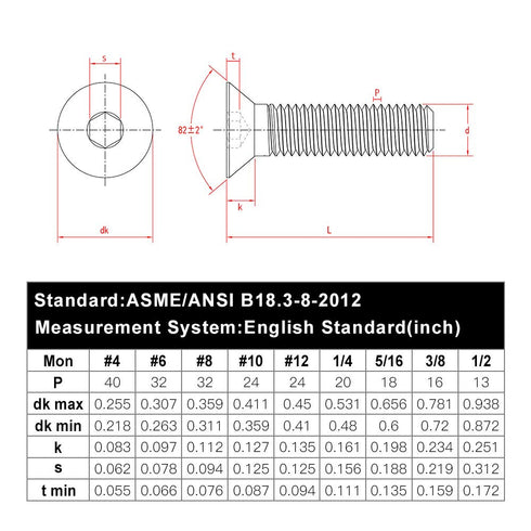 25 PCS 1/4-20 x 1/2" Flat Countersunk Head Socket Cap Screws - 304 Stainless Steel, Full Machine Thread Coverage