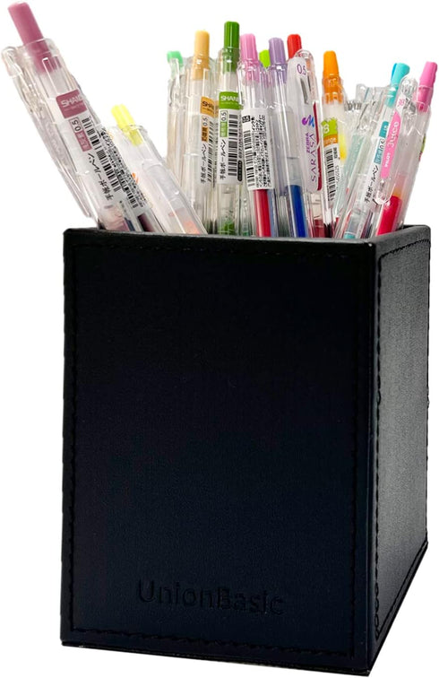 UnionBasic Black Leather Square Pen Holder, Desktop Caddy Stationery Organizer