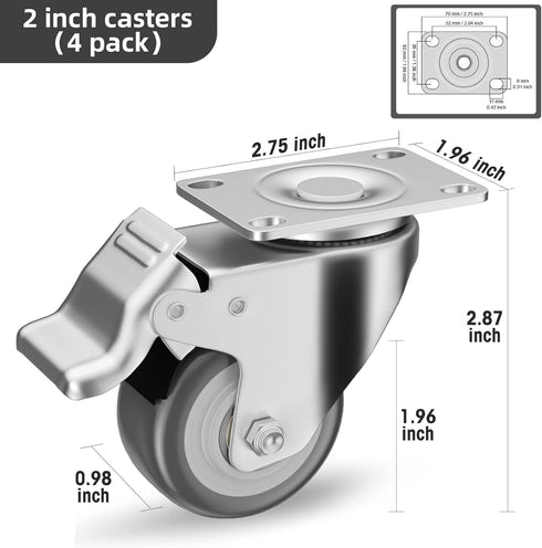 2 inch Caster Wheels Set of 4 Heavy Duty - CLOATFET Locking Casters, Swivel Casters with Brake (Top Plate), Non Marking Grey TPR Rubber Castor Wheels for Cart Furniture Workbench