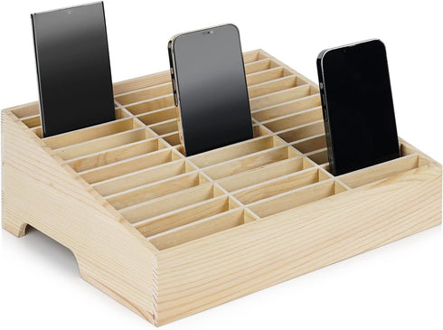 Wooden 36-Grid Cell Phones Storage Box, Desktop Mobile Phone Holder Organizer for Office/Classroom