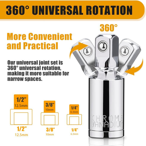 3PCS Universal Joint Socket Set, 1/4 3/8 1/2 Drive Swivel Socket Adapter for Narrow Spaces